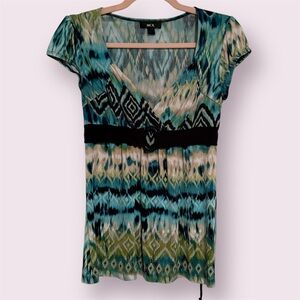 BCX Short Sleeve Dressy Blouse Turquoise Black Green Unique Design Size Small